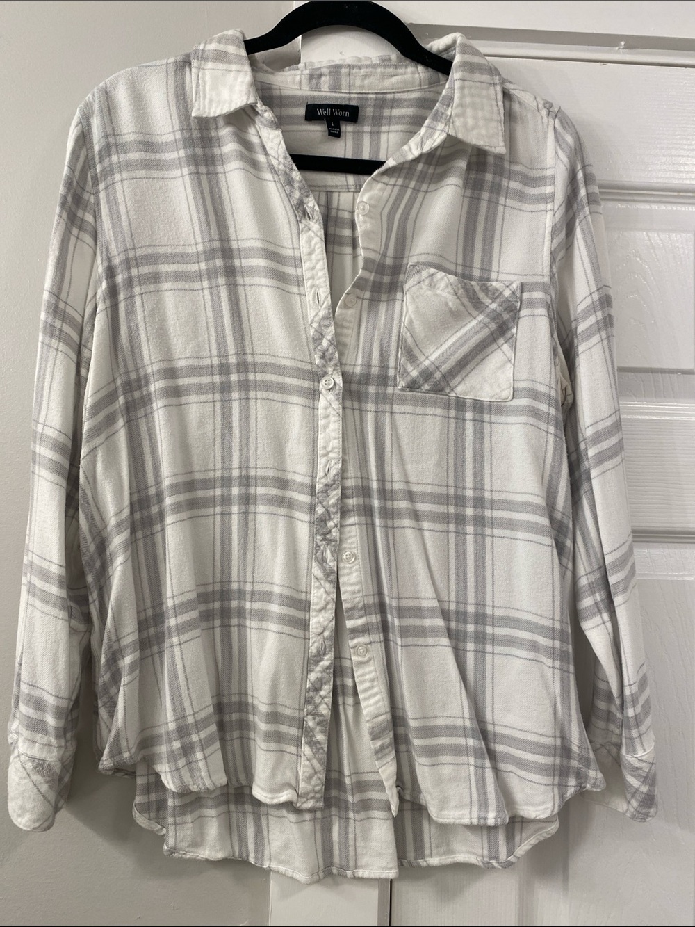Plaid Button Up Shirt Size L White Gray Long Sleeve